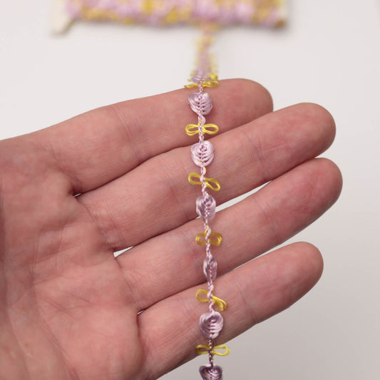 10mm Lilac with Yellow Silky Rose Lace Trim 3m