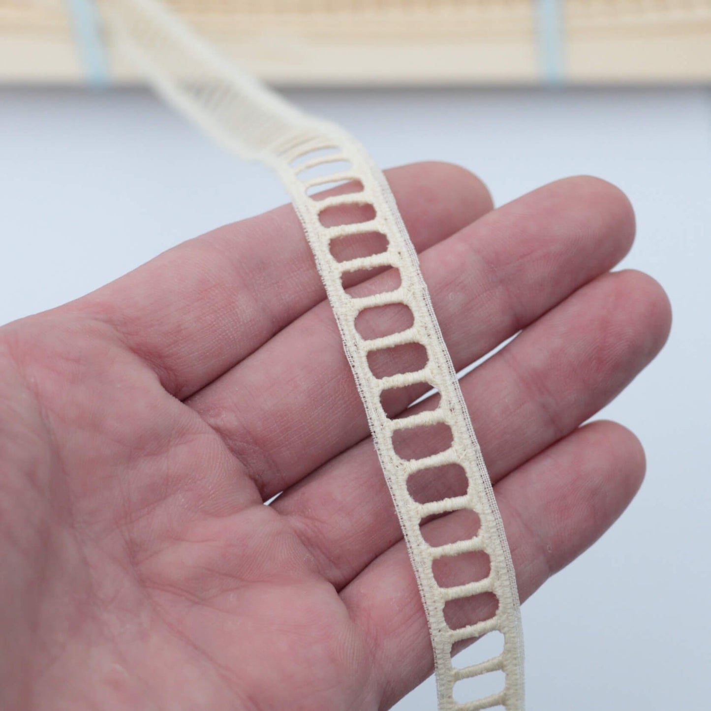 22mm Cream Guipure Type Slotted Lace Trim per/metre