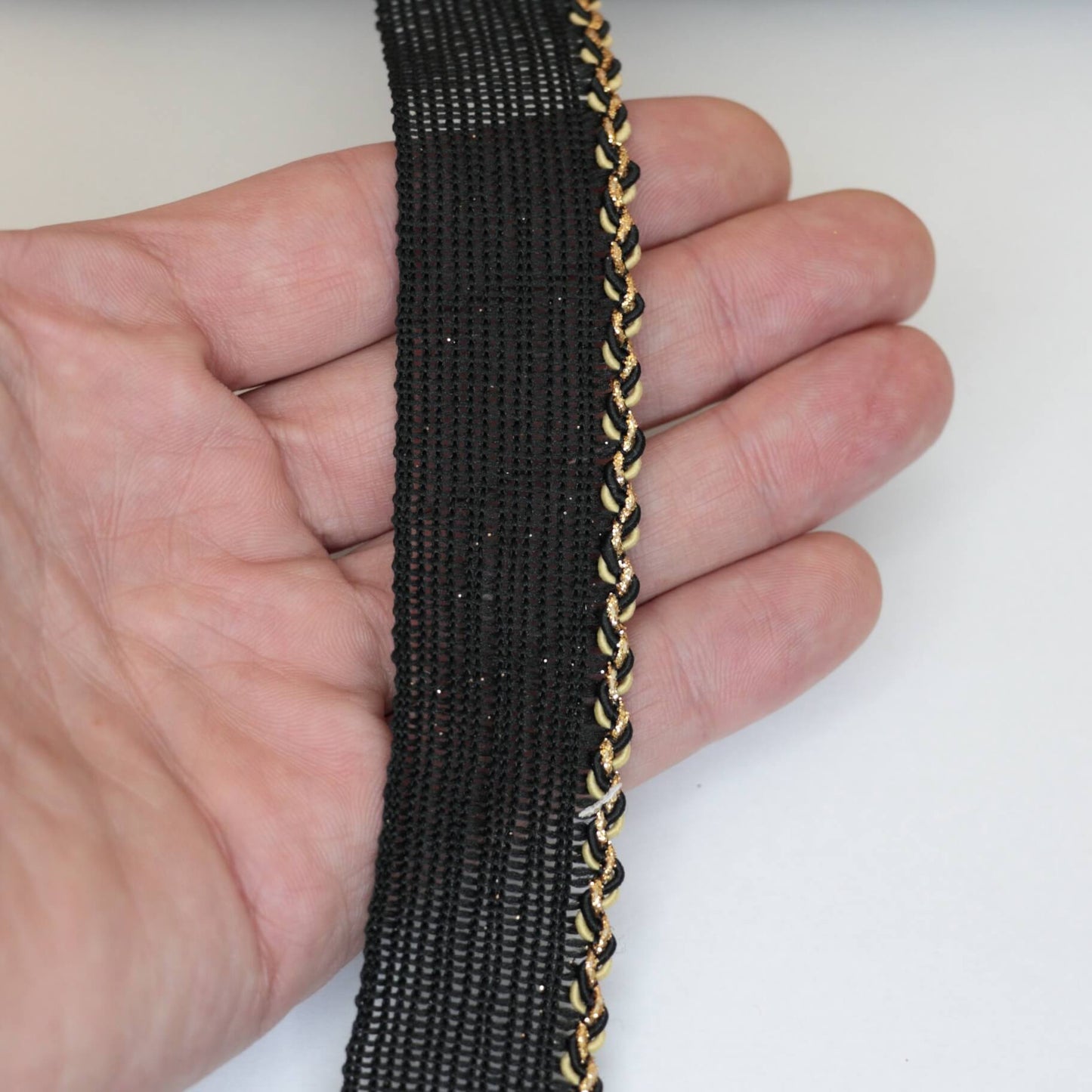 25mm Black Woven Trim w/Gold Edge per/metre
