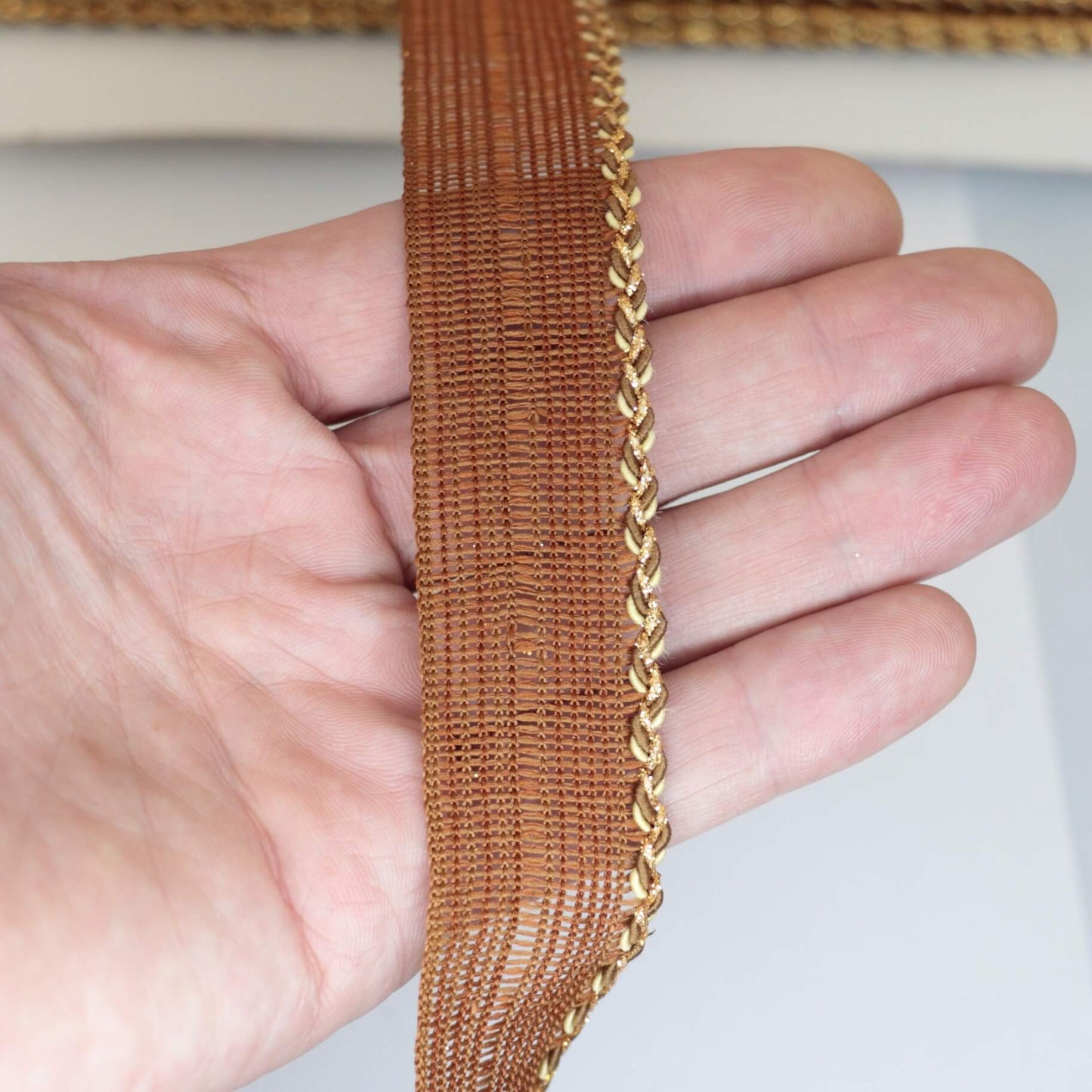 25mm Bronze Woven Trim w/Gold Edge per/metre