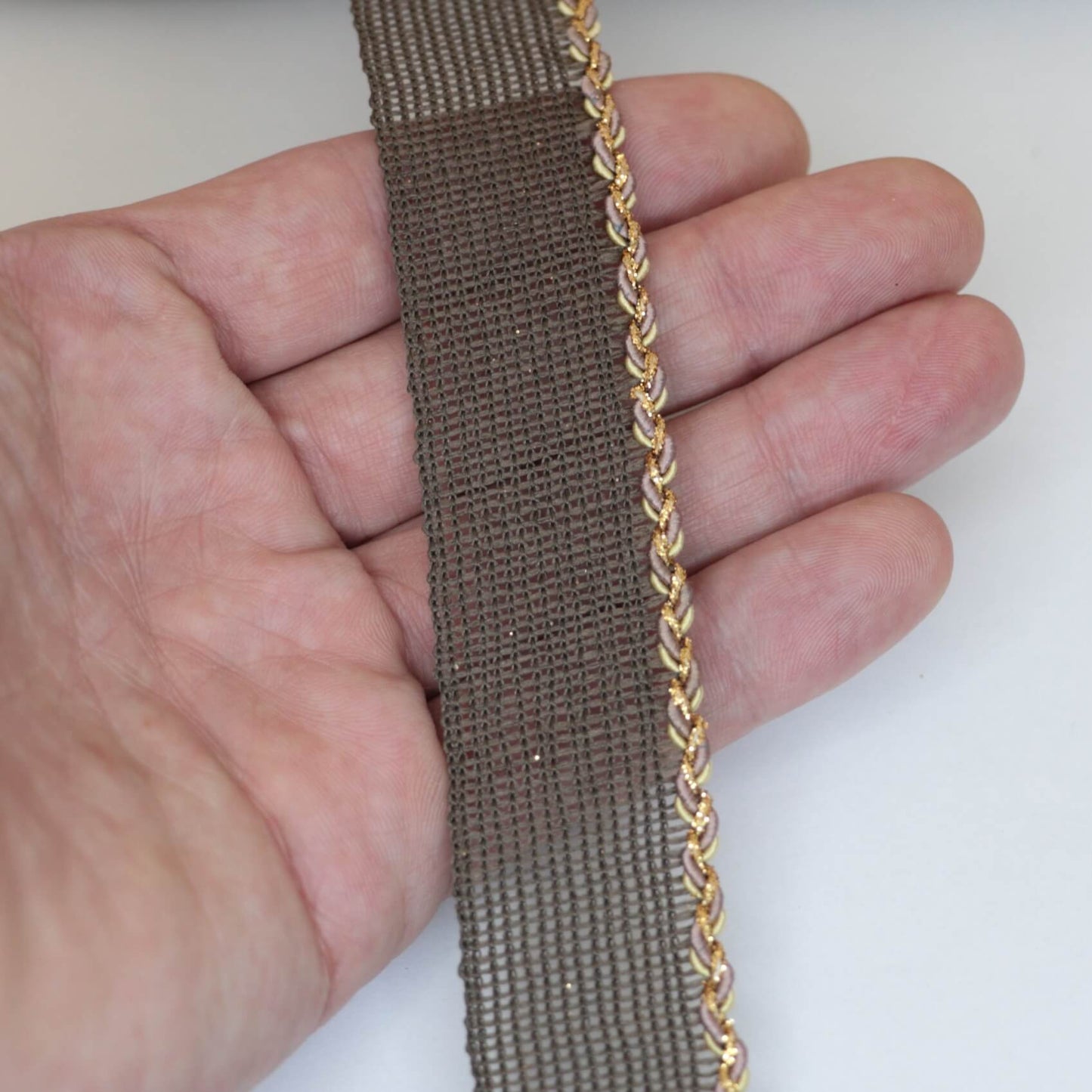 25mm Brown Woven Trim w/Gold Edge per/metre