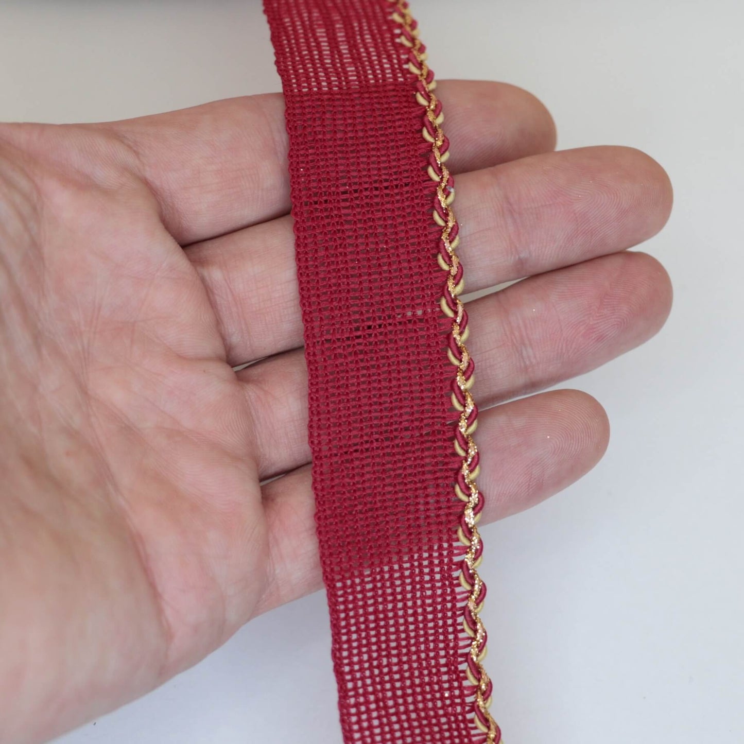 25mm Burgundy Woven Trim w/Gold Edge per/metre