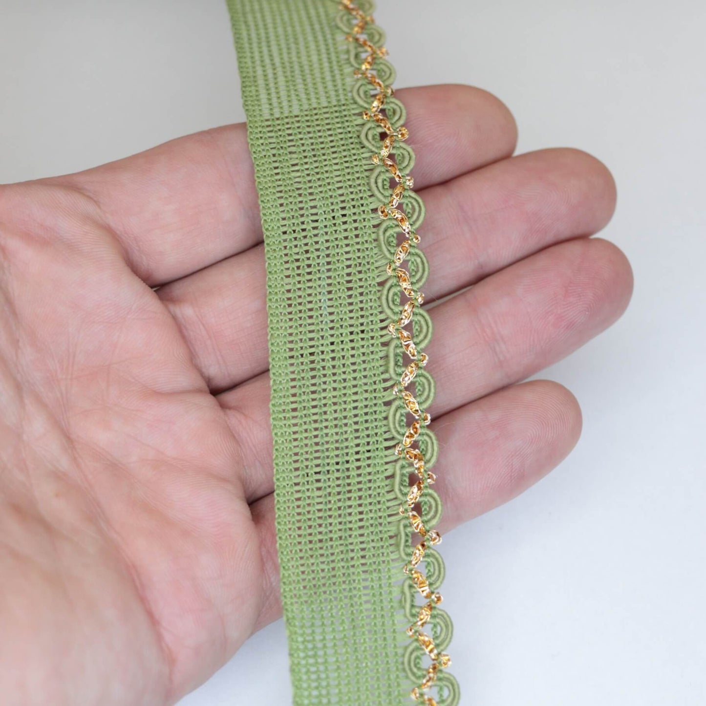 25mm Green Woven Trim w/Gold Edge per/metre
