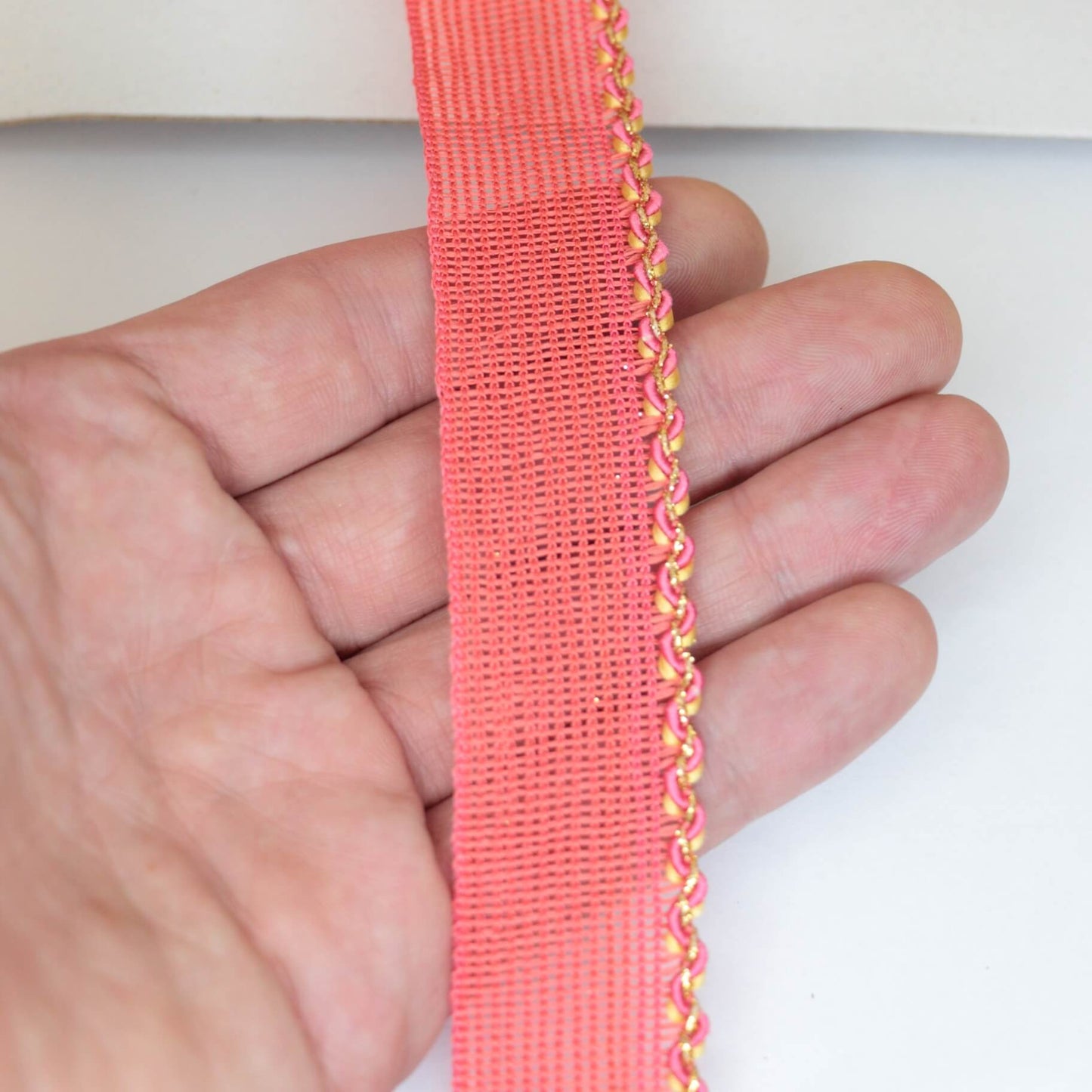 25mm Pink Woven Trim w/Gold Edge per/metre