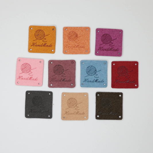 25x25mm Embossed Handmade Microfiber Colour Tags with Knitting Ball 10pk