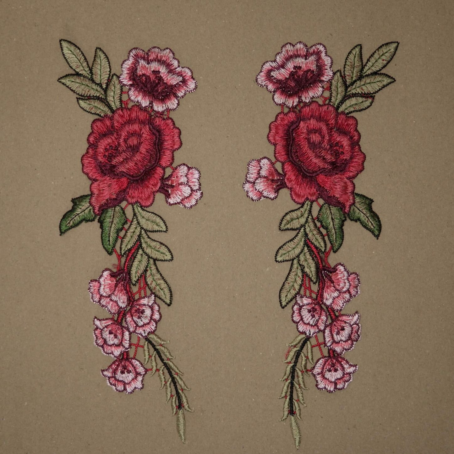 30cm x 12cm Bright Red Floral Embroidered Appliques Pair