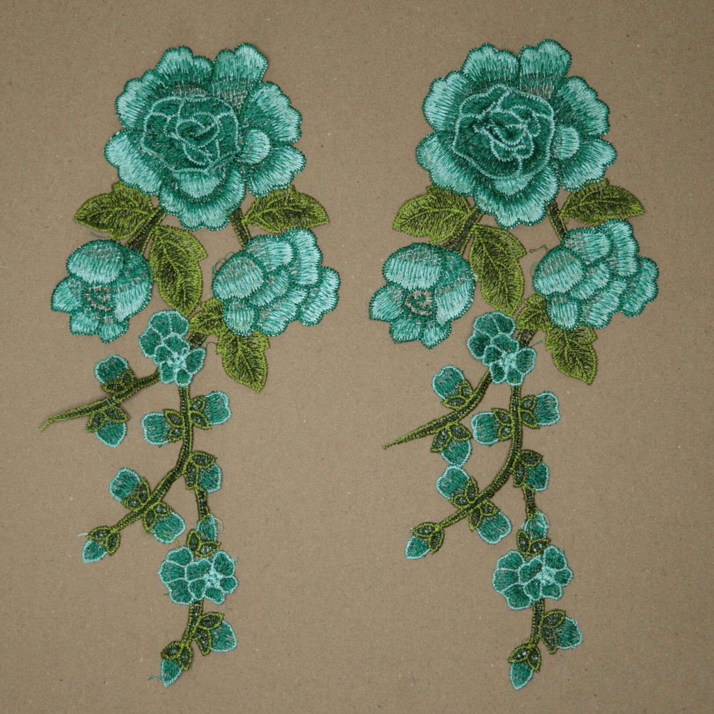 30cm x 13cm Green Floral Embroidered Applique Pair