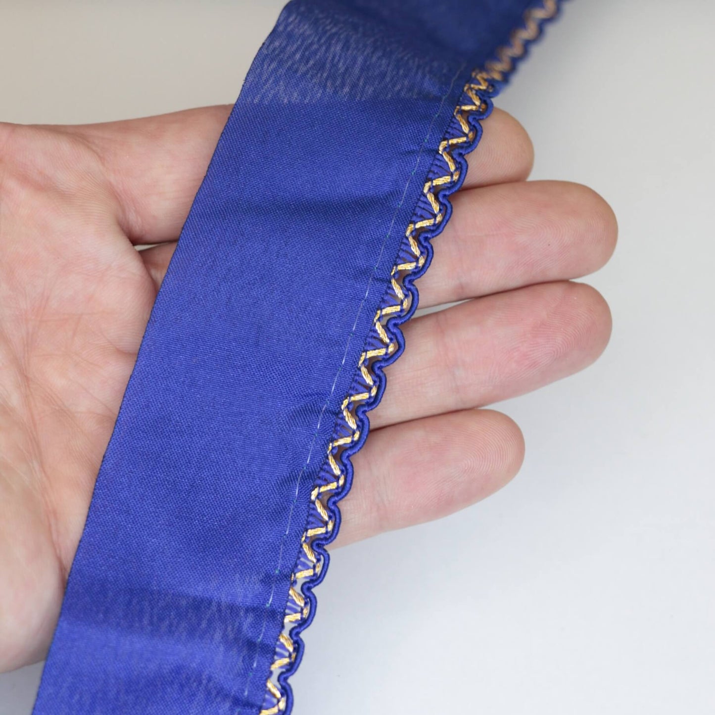40mm Blue Satin Trim w/Gold Edge per/metre