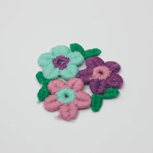 40mm x 40mm Purple, Pink, Blue Small Flowers With Green Leaves Motifs 4pk