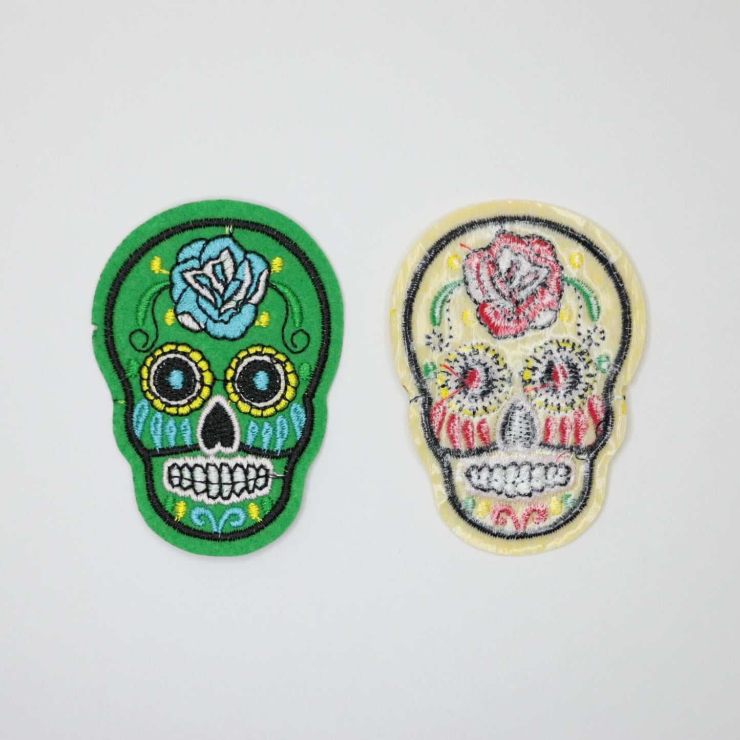71mm x 53mm Yellow and Green Day of The Dead Skulls Embroidered Iron-On Patches 2pk