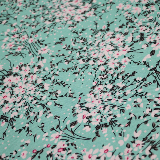Aqua Floral Cotton Twill per/metre