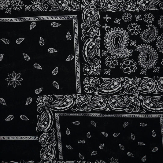 Black bandana with white paisley patterns
