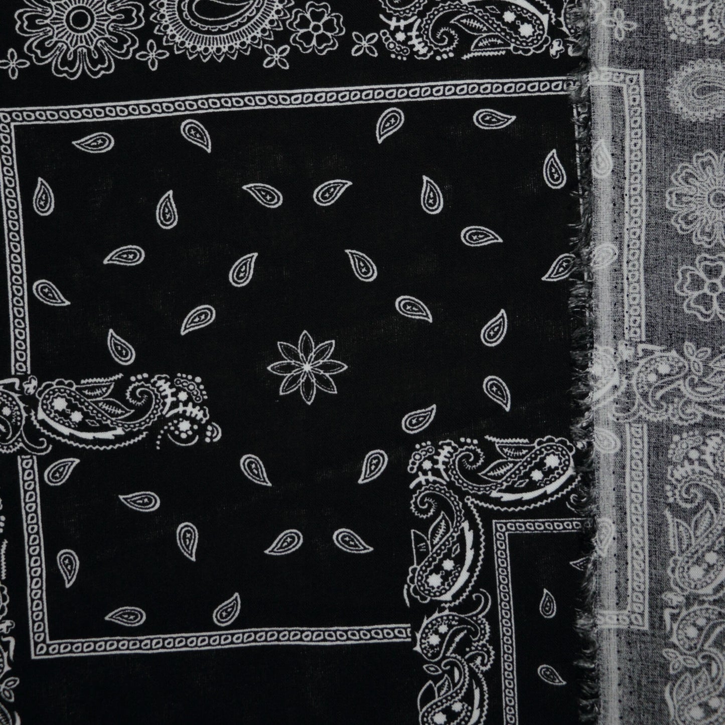 Black fabric with white paisley patterns