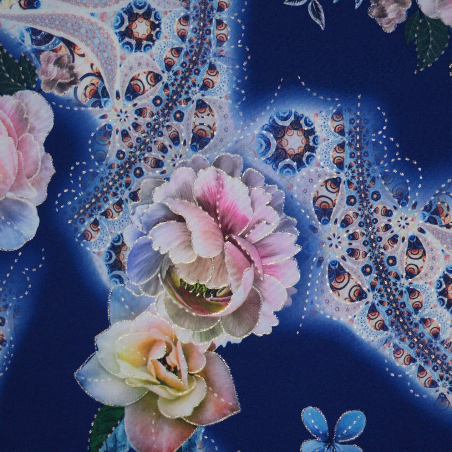 Blue Floral Polyviscose 1m
