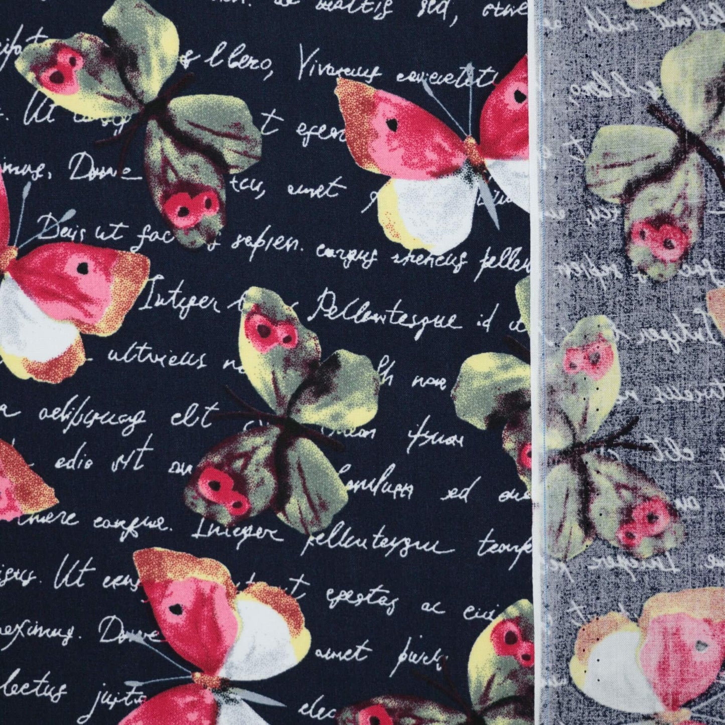 Butterfly pattern fabric with text on a navy background