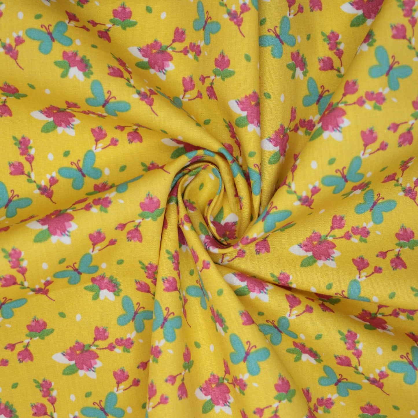 Flower & Butterfly Yellow Cotton 1m