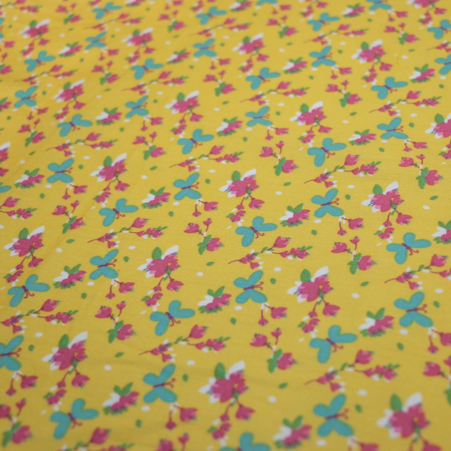 Flower & Butterfly Yellow Cotton 1m