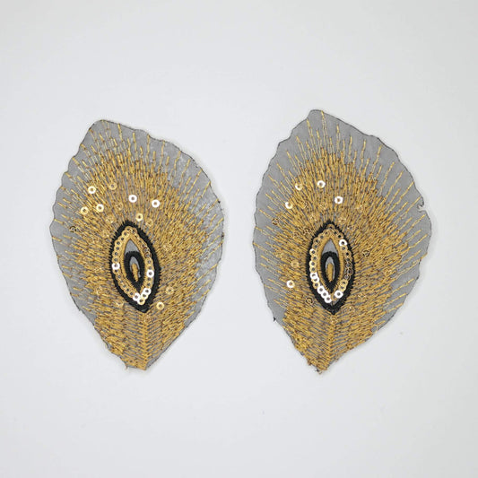 Gold Peacock Feather Embroidered Embellishments Iron-On Appliqués 2pk