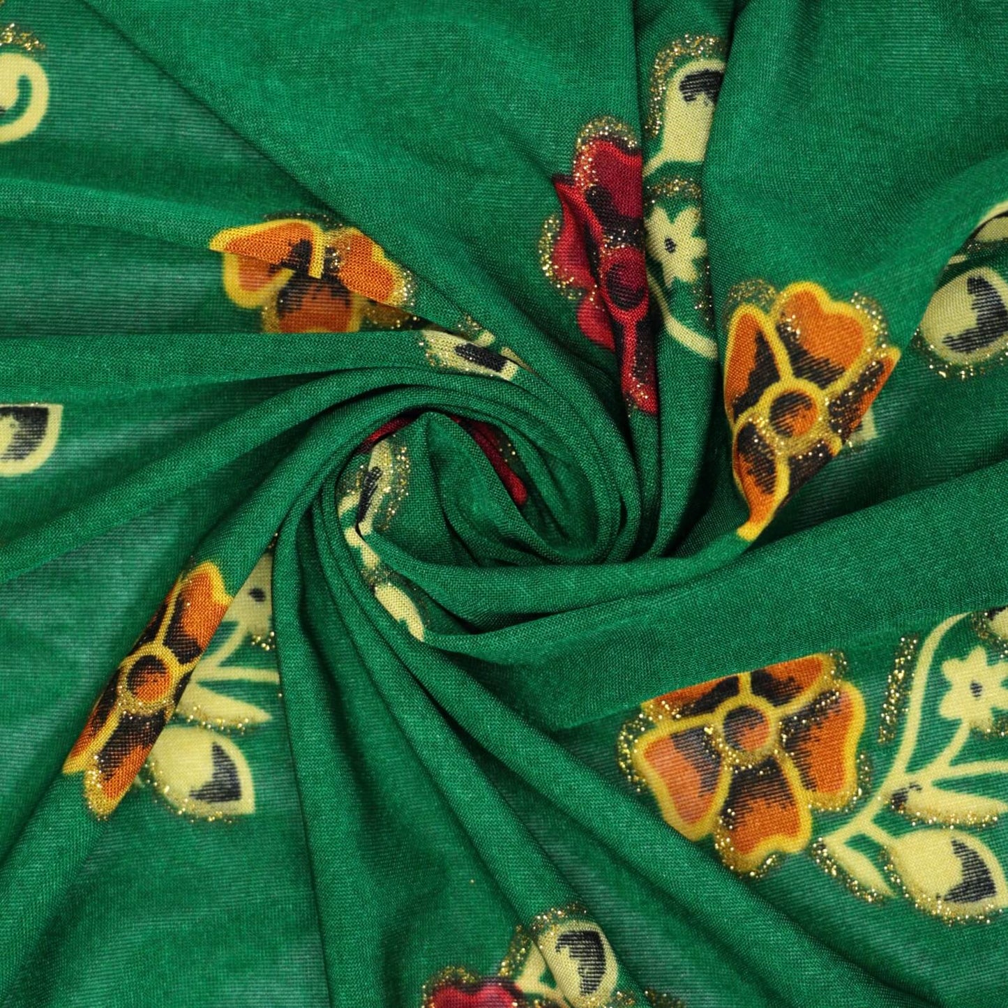 Green Glitter Floral Border Print ITY 1m