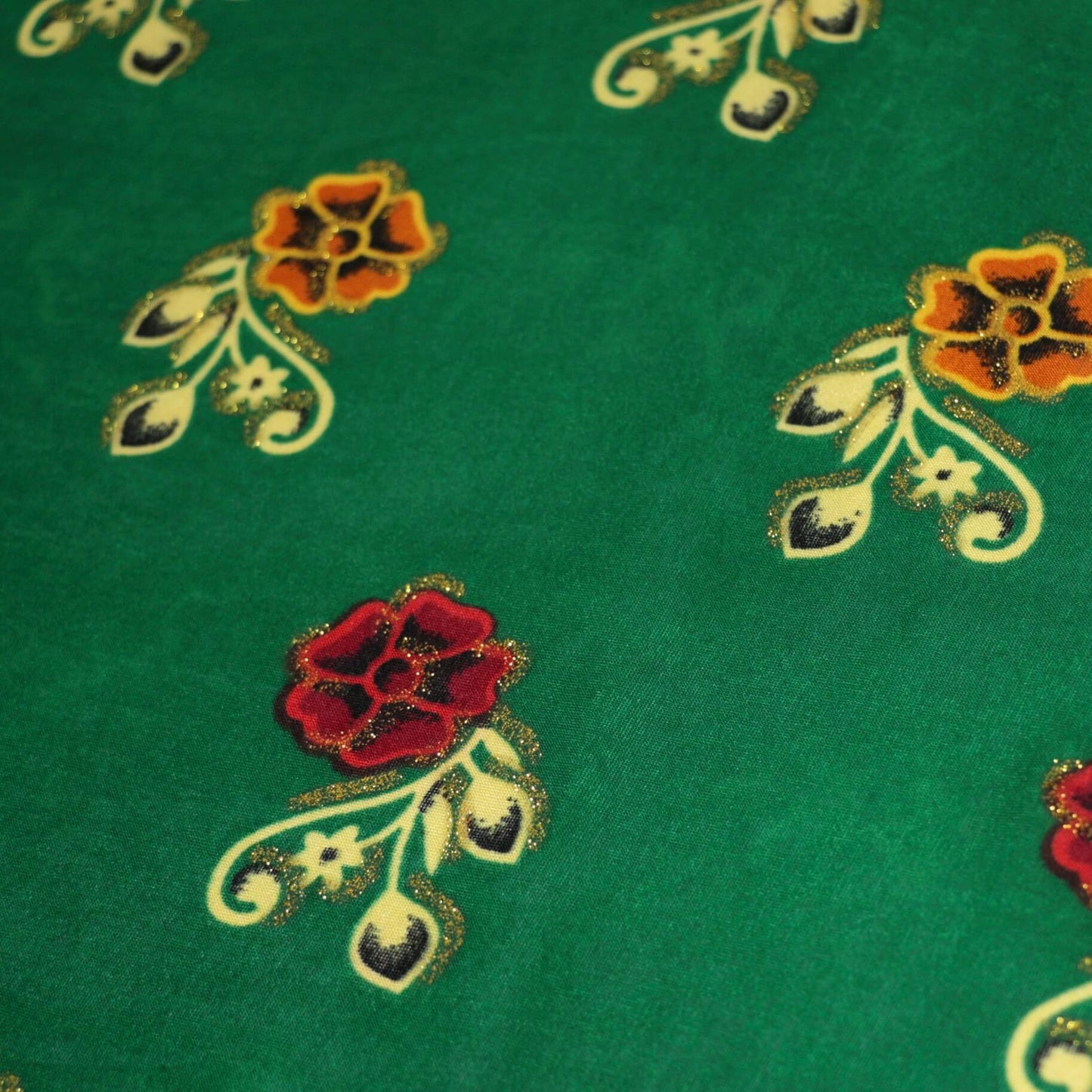 Green Glitter Floral Border Print ITY 1m