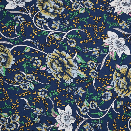 Navy Floral Border Print Viscose per/metre