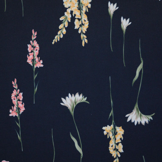 Floral pattern with pink, white, and yellow flowers on a dark background