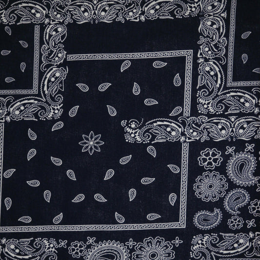 Black bandana with white paisley patterns