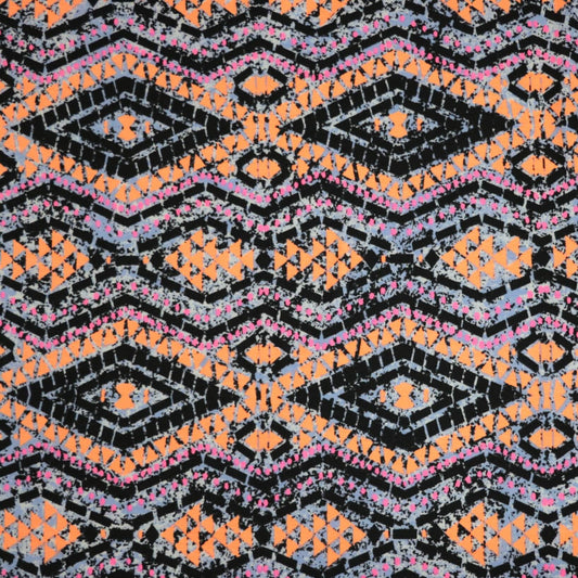 Geometric pattern with black, orange, and pink colors on a black background