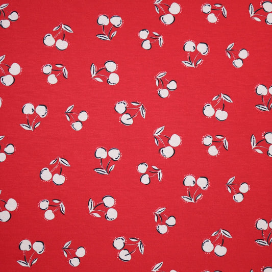 Red Cherry Print Jersey per/metre