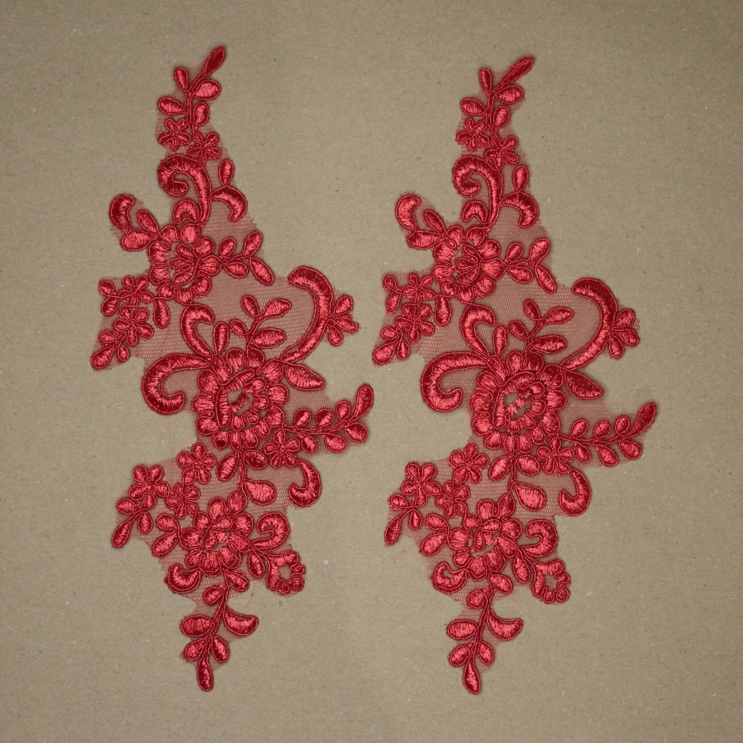 Red Embroidered Floral Lace Applique Sew-On Pair