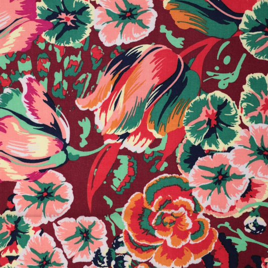 Red Retro Floral 100% Viscose per/metre
