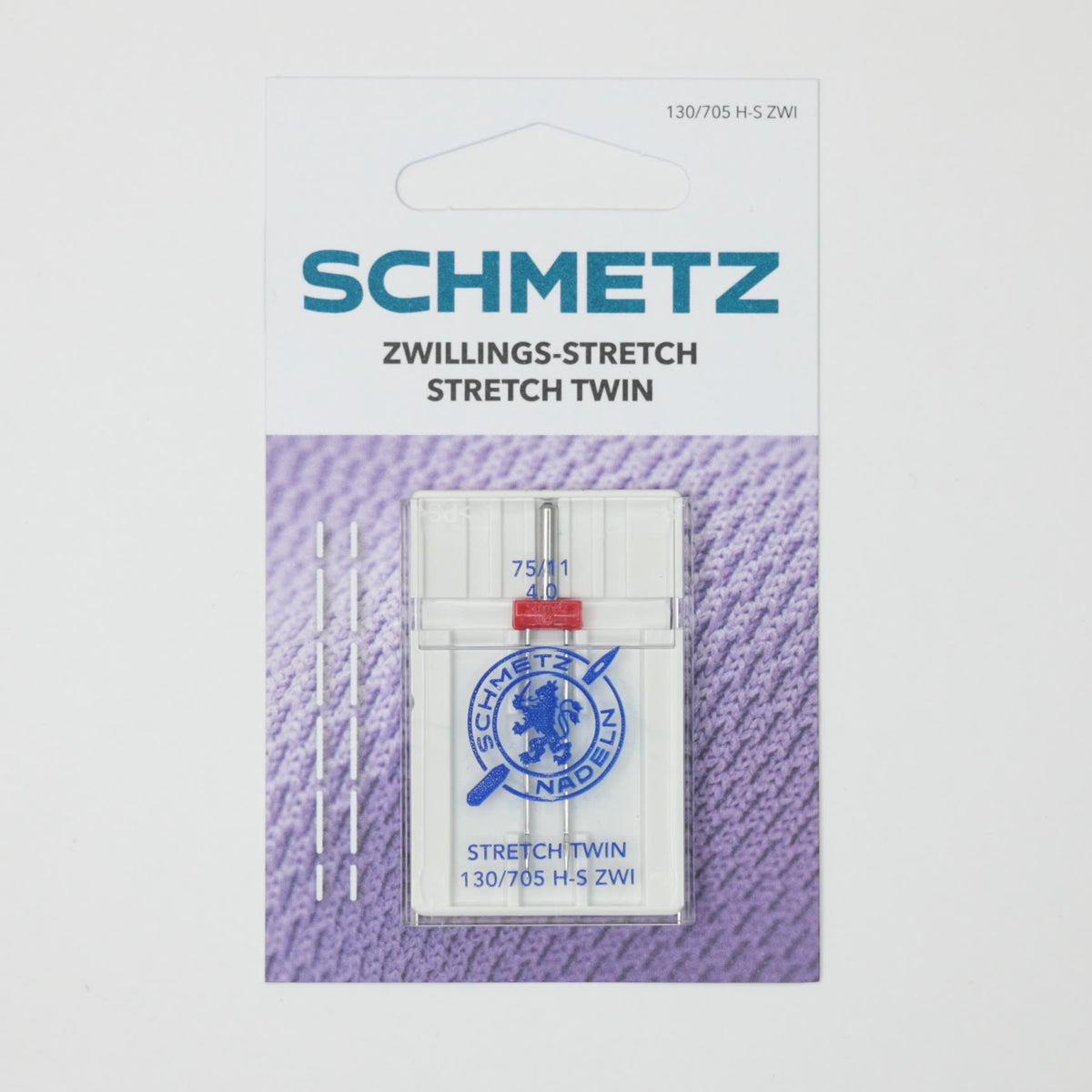 Schmetz 4mm Stretch-Twin sewing needle, Size 75 in its original retail packaging, featuring a white and purple card with the brand name and product details.