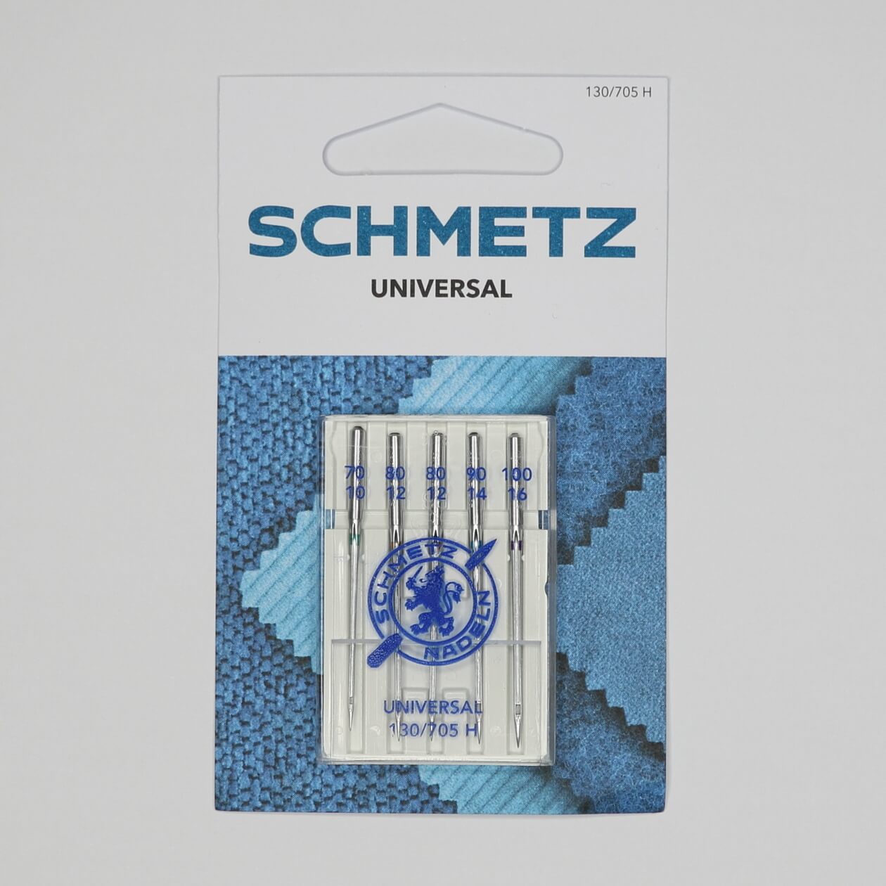 Packaging of Schmetz Universal sewing needles, displaying 5 needles against a blue patterned background, with the Schmetz logo and product information.