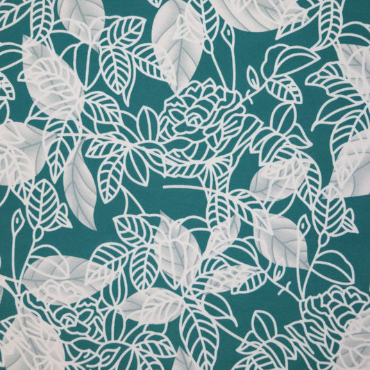 Teal Leafy Print Poly Poplin per/metre