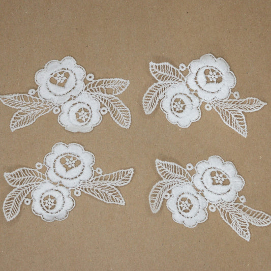 10cm x 6cm White Guipure Lace Double-Rose Design Sew-On Motifs 4pk