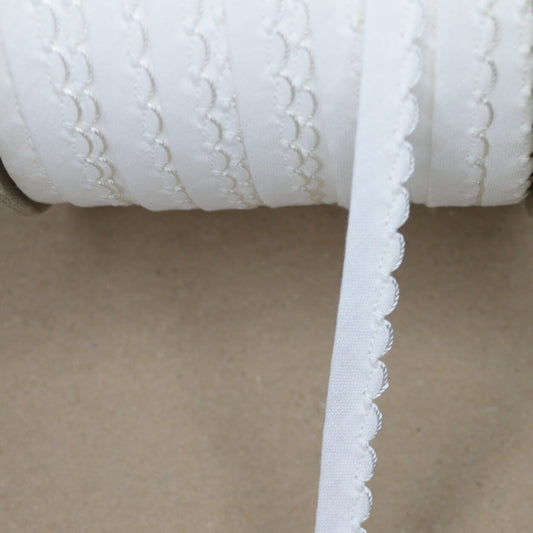 Close-up of a roll of white fabric with textured pattern on a beige background