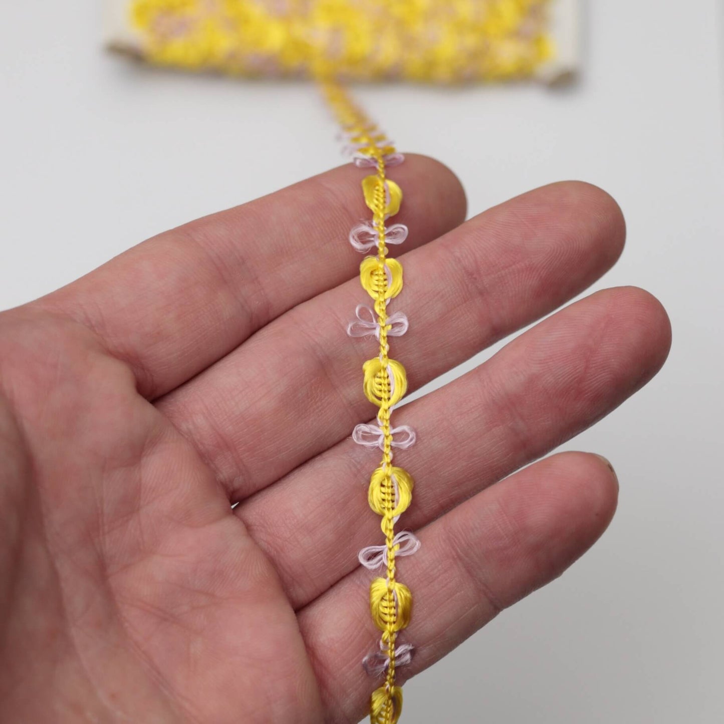 10mm Yellow with Lilac Silky Rose Lace Trim 3m