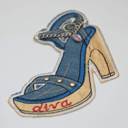 11 x 9cm Diva Denim-Type Iron-on Shoe Motifs with Chain & Metal Studs
