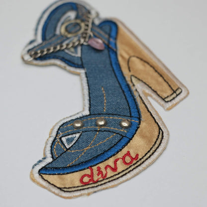 11 x 9cm Diva Denim-Type Iron-on Shoe Motifs with Chain & Metal Studs