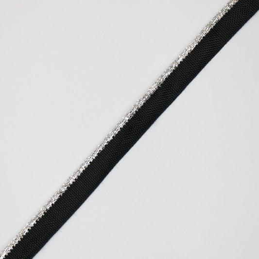 11mm Black Piped Cord with Metallic Silver Edge Trim 2m