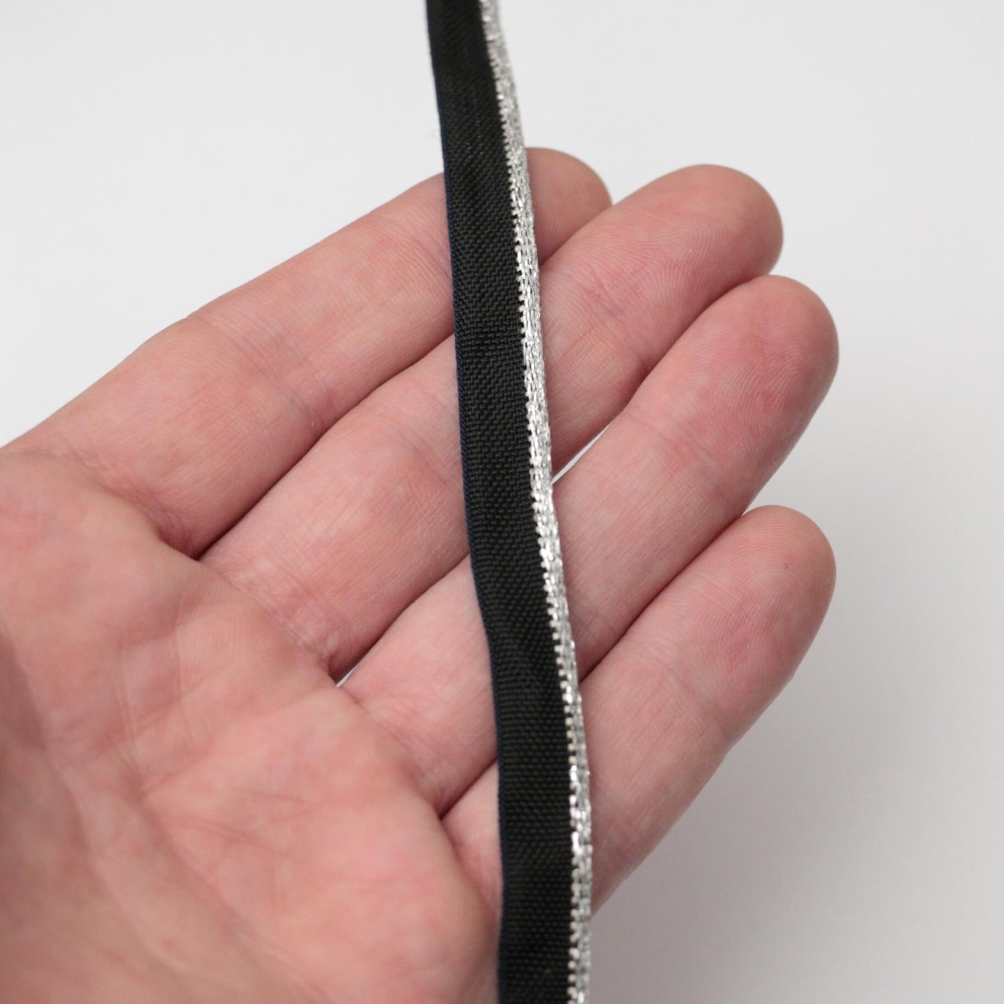 11mm Black Piped Cord with Metallic Silver Edge Trim 2m
