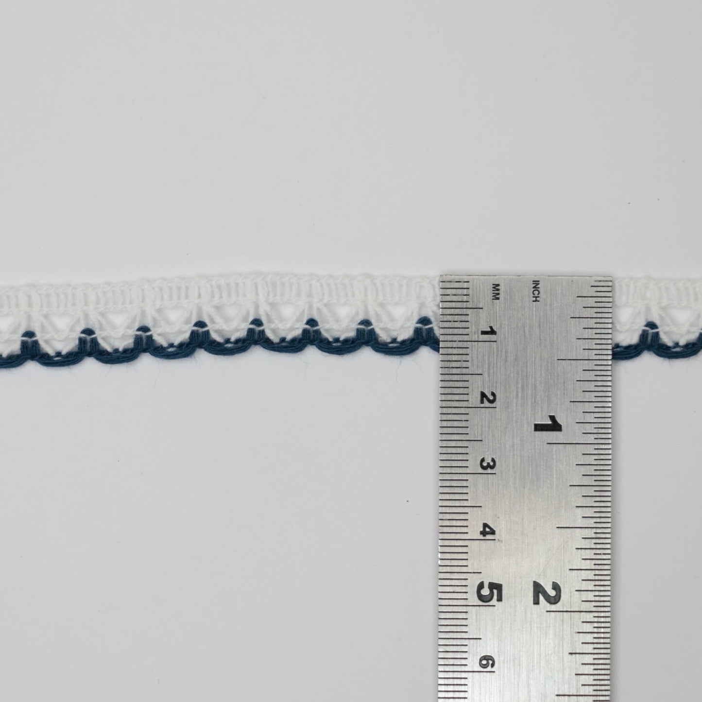 12mm White Lace with Navy Coloured-Edge per/metre