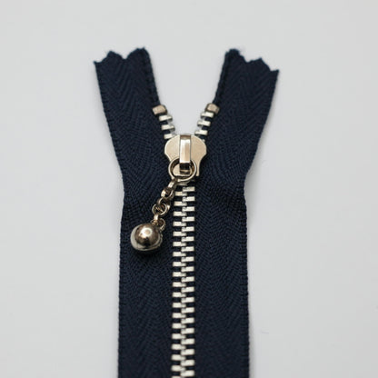 15cm (6-inch) Navy Closed-End Zips With Silver Metal Teeth And Fancy Ball-Pull