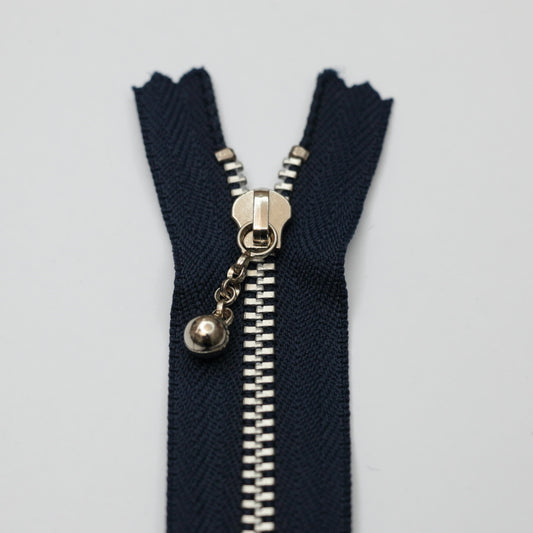 15cm (6-inch) Navy Closed-End Zips With Silver Metal Teeth And Fancy Ball-Pull