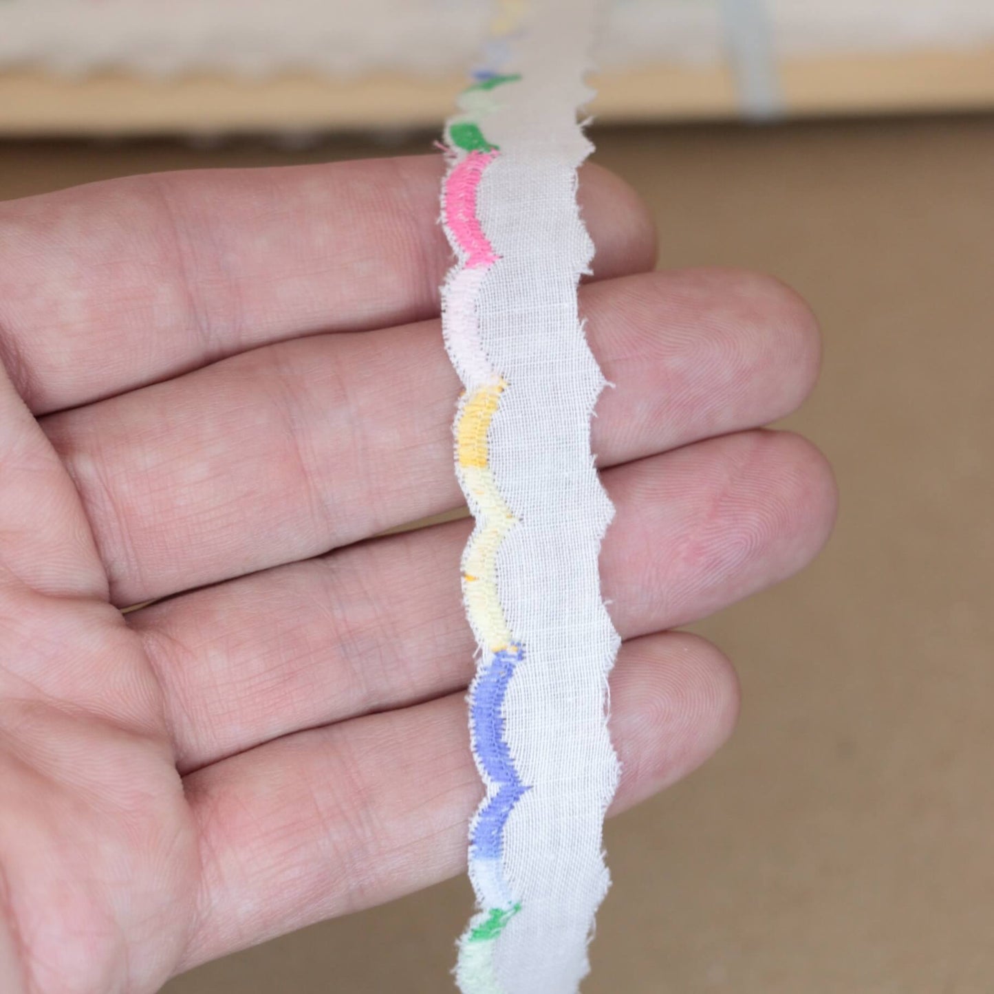 16mm White Broderie Anglaise w/Colour Edge Trim per/metre