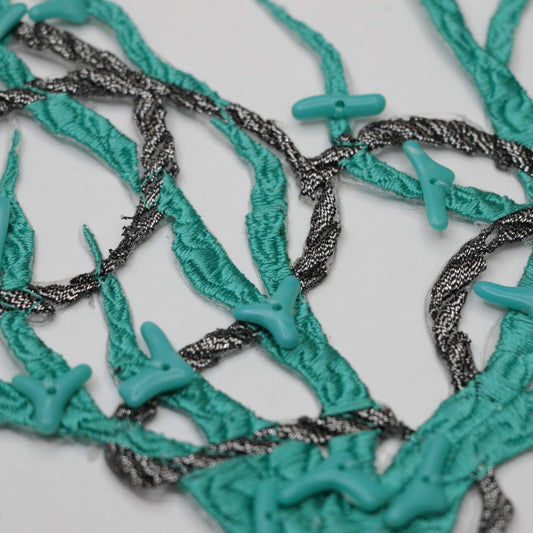 18cm (7 Inch) Turquoise Embroidered Iron-On Coral Motif with Beads and Silver Metallic Rope Design