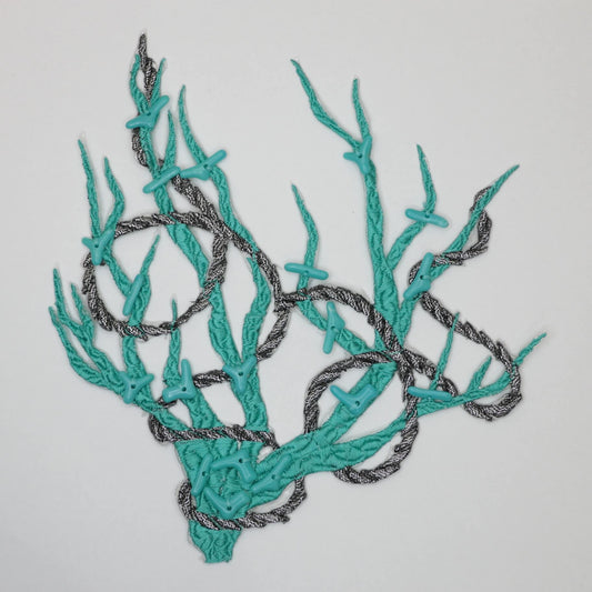 18cm (7 Inch) Turquoise Embroidered Iron-On Coral Motif with Beads and Silver Metallic Rope Design