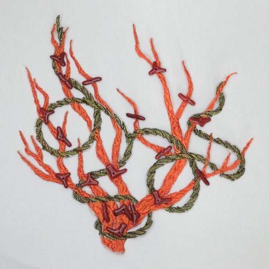 18cm (7 inch) Orange Embroidered Iron-On Coral Motifs with Beads and Gold Metallic Rope Design