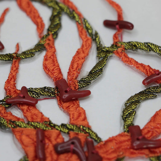18cm (7 inch) Orange Embroidered Iron-On Coral Motifs with Beads and Gold Metallic Rope Design