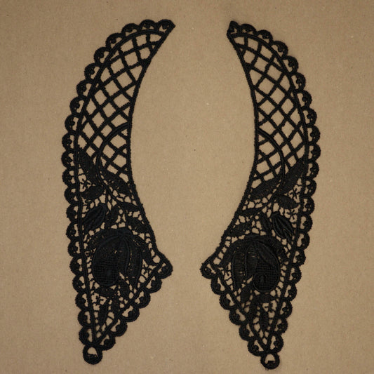 25cm x 8cm Pair Black Embroidered Guipure Lace Collar